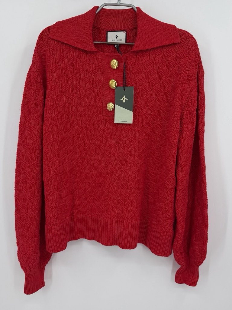 Tuckernuck Red Quilted Polo Henley Sweater With Gold Buttons Size Xs Oversized